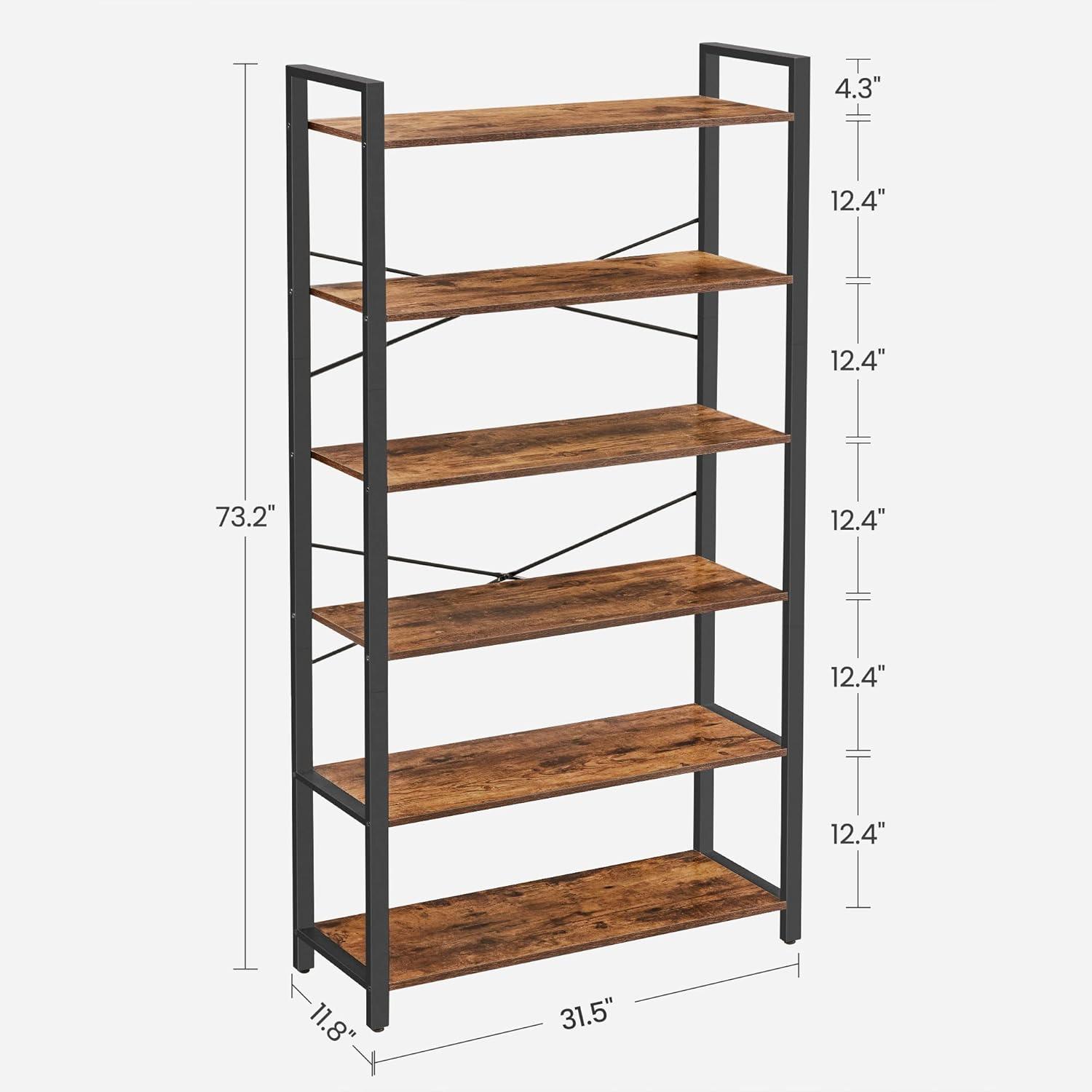 Rustic Brown and Black 6-Tier Adjustable Bookshelf with Steel Frame