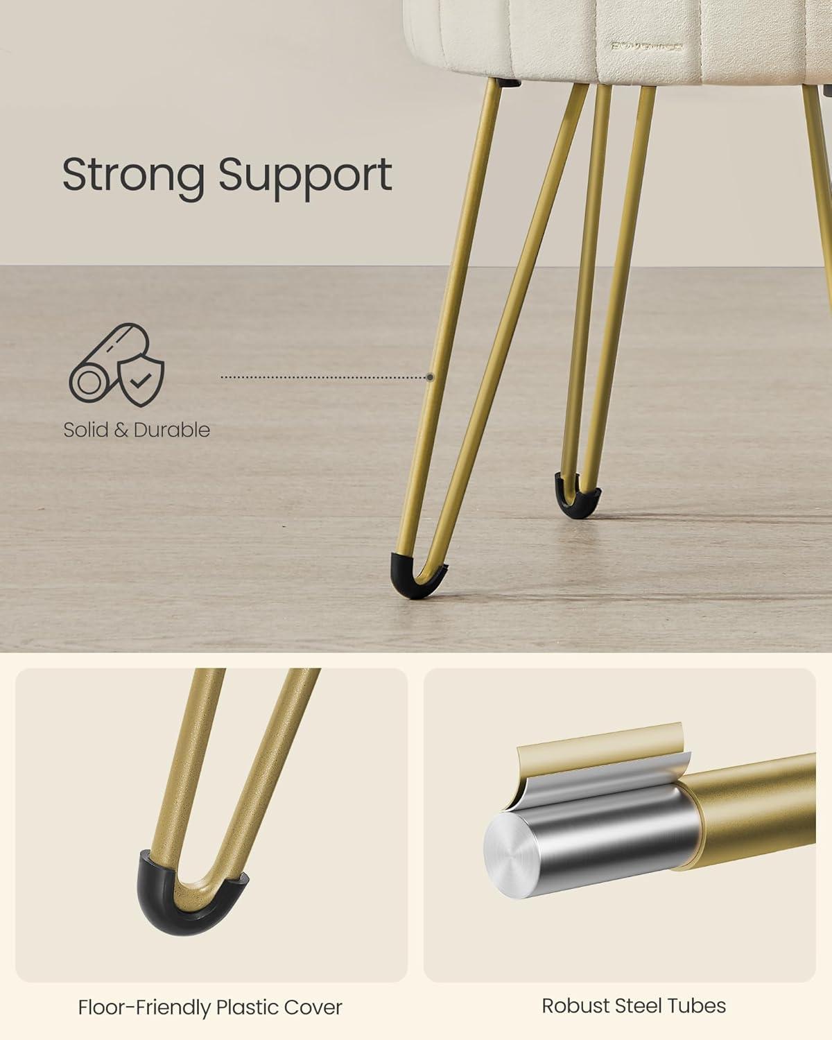 SONGMICS Vanity Stool Chair, Small Ottoman with Storage, Velvet Makeup Stool, 15.4 Dia. x 17.4 H Inches, 4 Metal Legs, for Makeup Room, Living Room, Bedroom, Cream White ULOM003W01