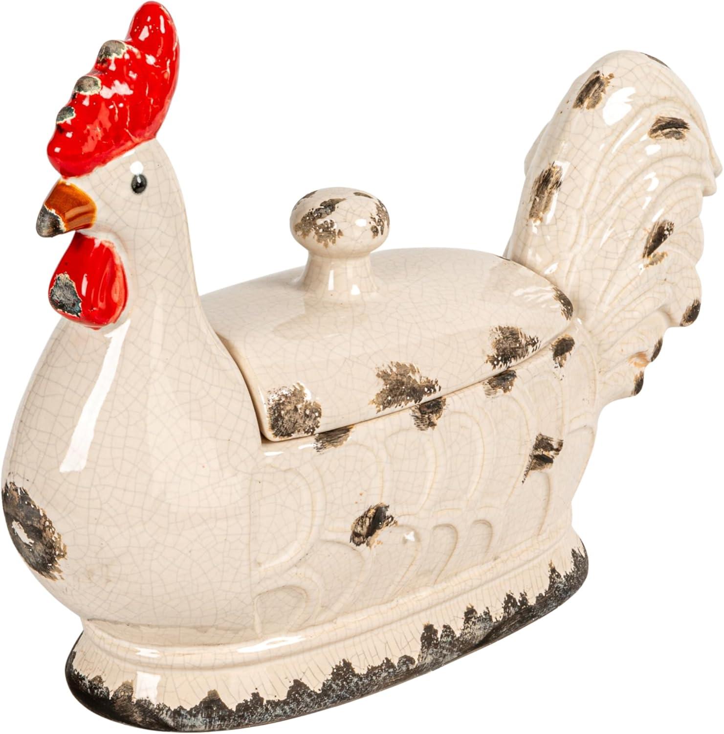 Decorative Stoneware Rooster Container with Lid and Distressed Finish