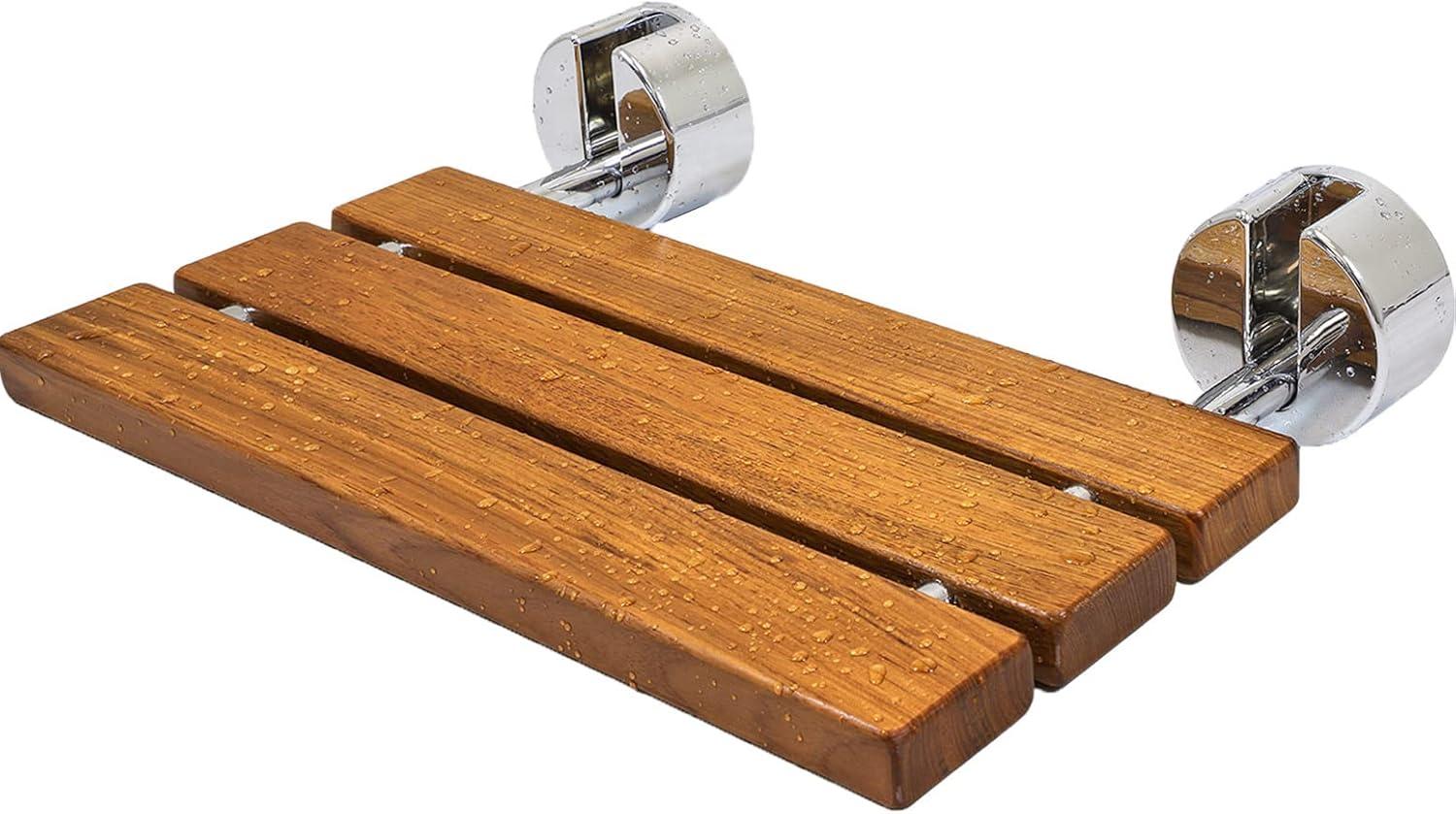 20" Teak Wood Folding Wall Mounted Shower Seat with Stainless Steel Hardware