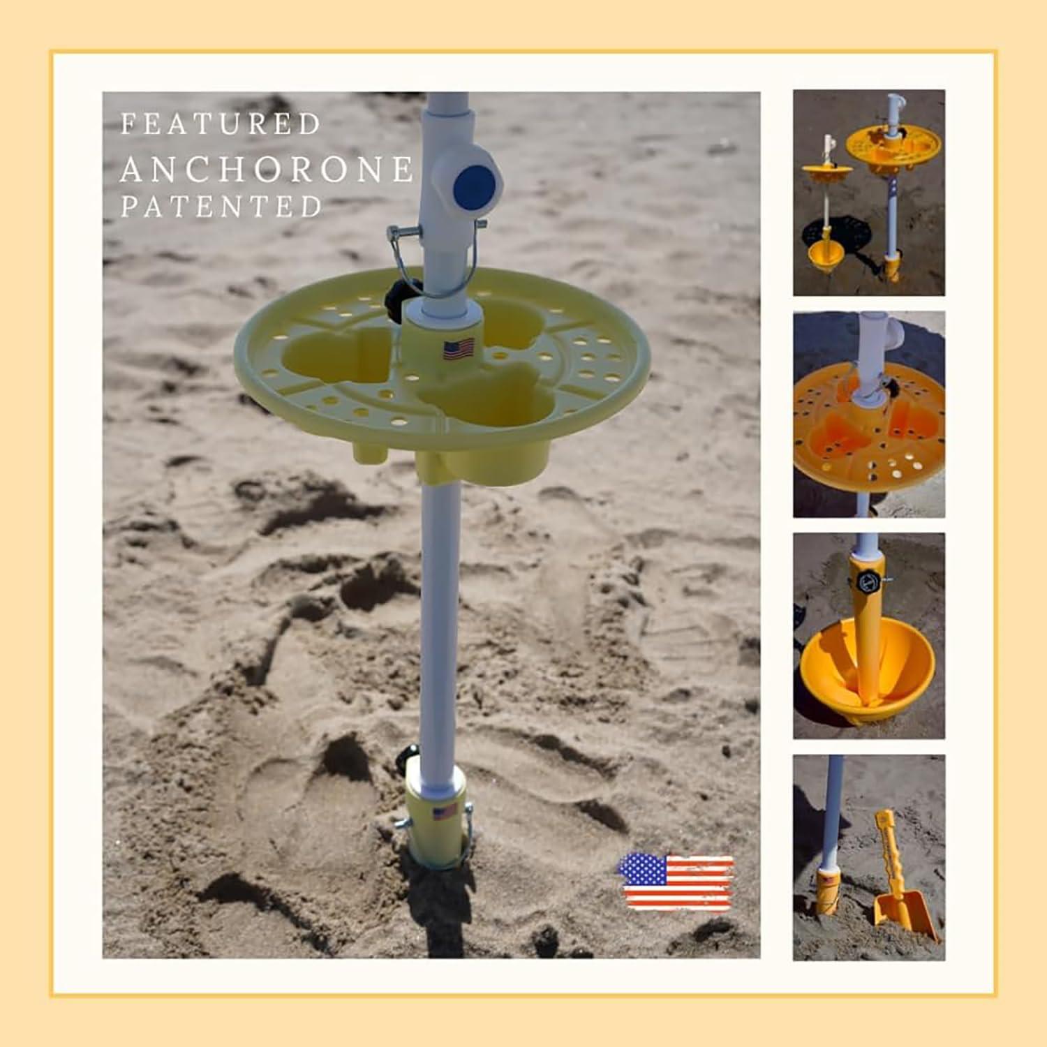 Anchor Works: Classic Beach Umbrella & AnchorONE Kit – Sky Blue - 7.5ft, Carry Bag, Sand Shovel & Drink Tray, UV-Protected, Outdoor Sun Canopy