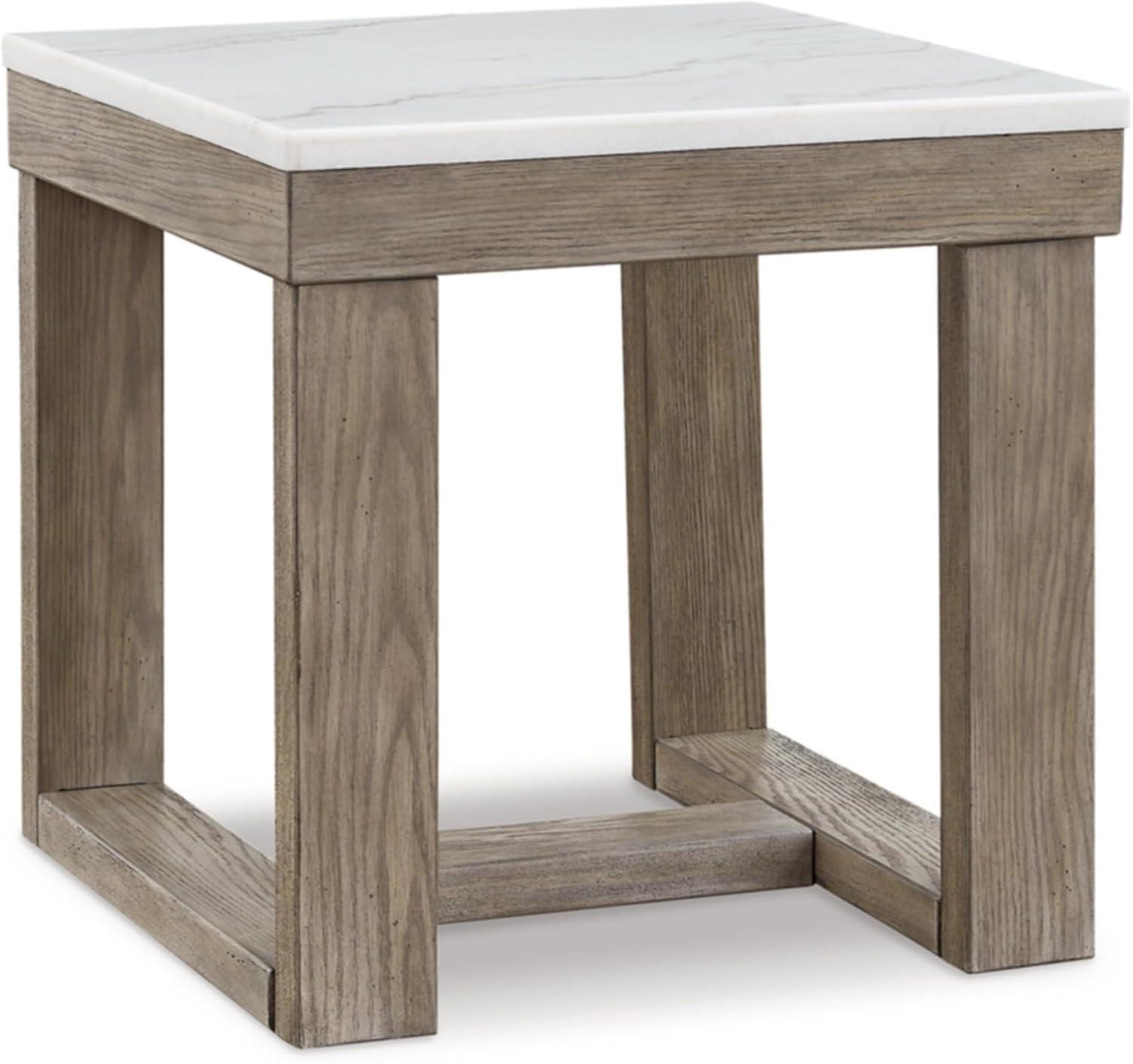 Signature Design by Ashley Loyaska Casual End Table with White Marble Top, Light Brown & White Marble