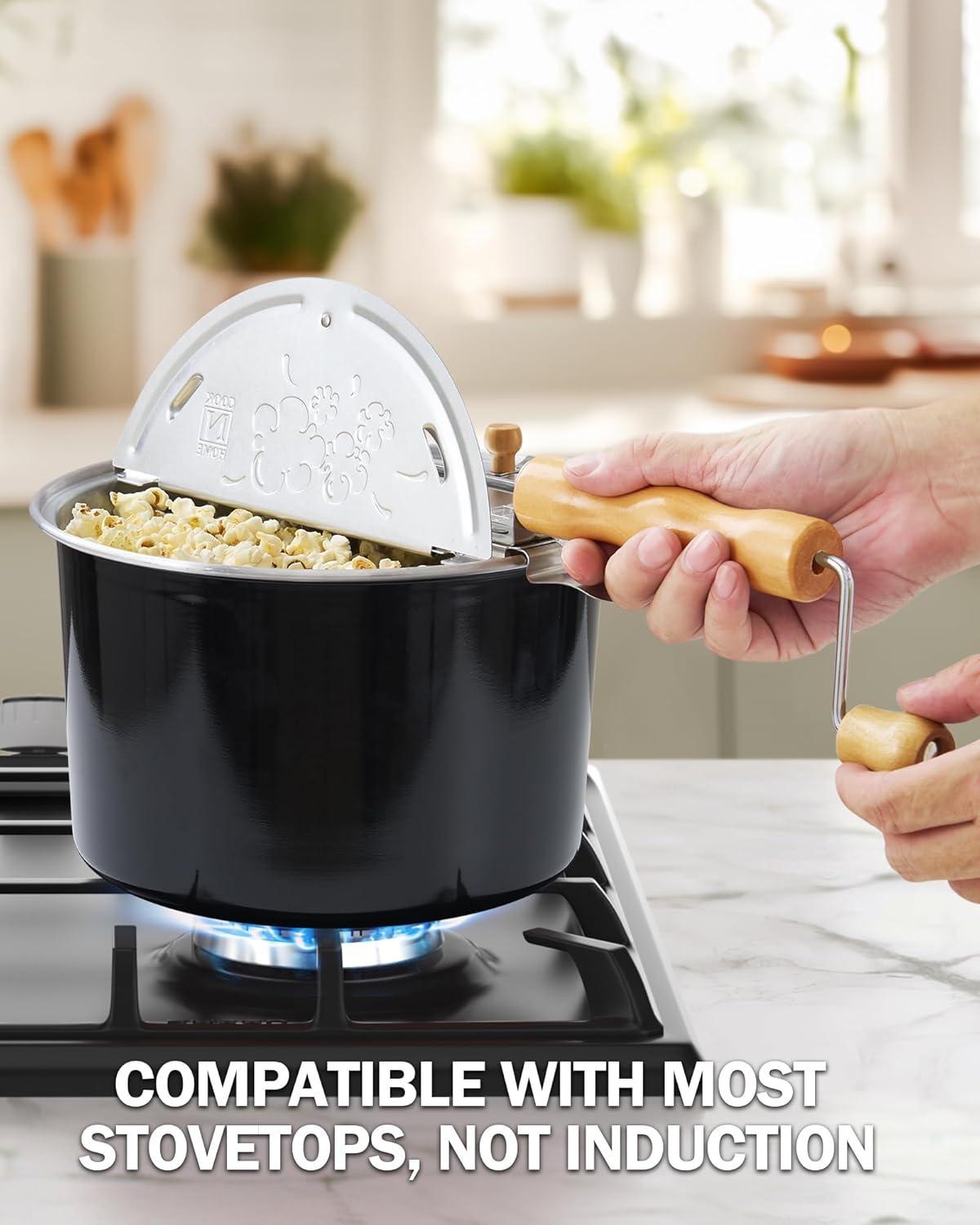 Cook N Home Stovetop Popcorn Popper with Crank, 6-Quart Aluminum Popcorn Pot Popcorn Maker, Black