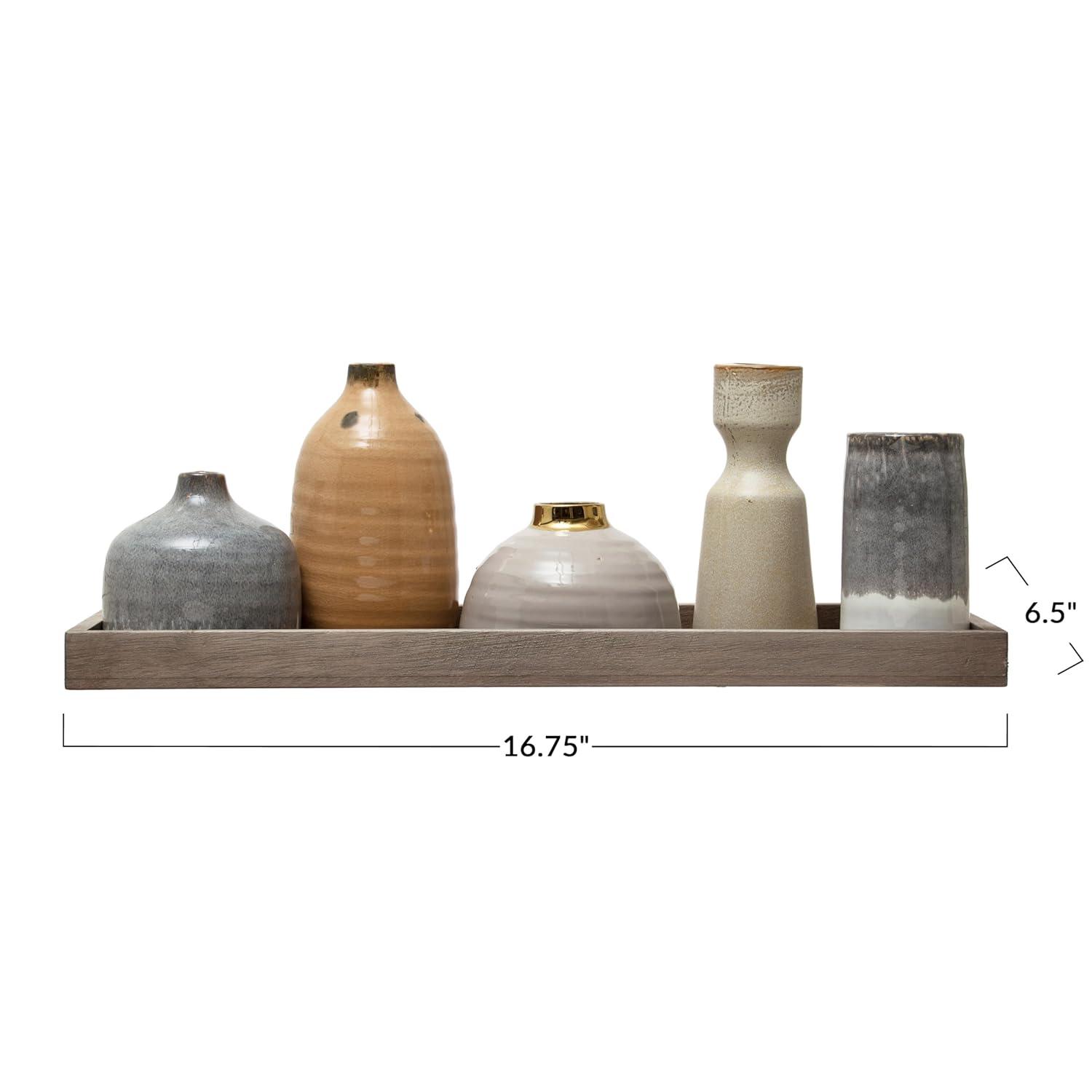 Creative Co-Op Stoneware Vase Ensemble on a Mango Wood Tray, Set of 5