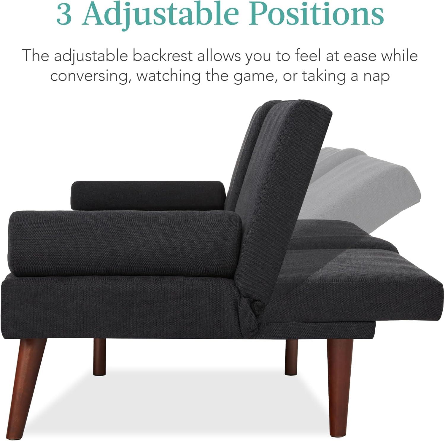 Best Choice Products Fabric Upholstered Convertible Futon w/ Rounded Armrests, Wooden Legs, 2 Cupholders - Black