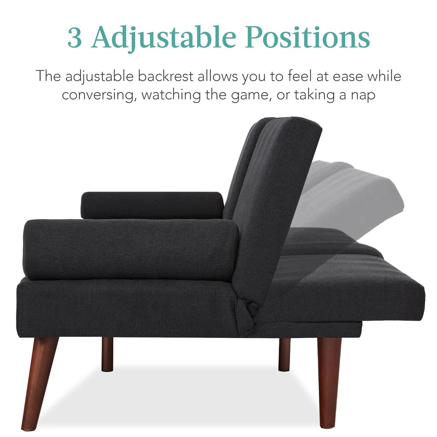 Best Choice Products Fabric Upholstered Convertible Futon w/ Rounded Armrests, Wooden Legs, 2 Cupholders - Black