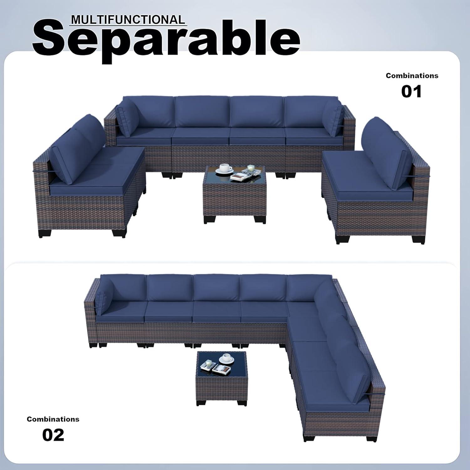 8-Person Brown Steel Wicker Outdoor Sectional Sofa Set with Navy Blue Cushions