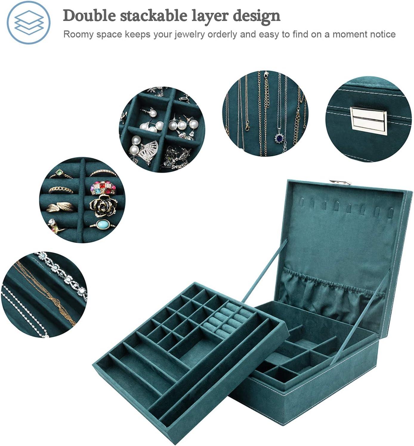ProCase Jewelry Box Organizer for Women Girls, Two Layer Jewelry Display Storage Holder Case for Necklace Earrings Bracelets Rings Watches -Green
