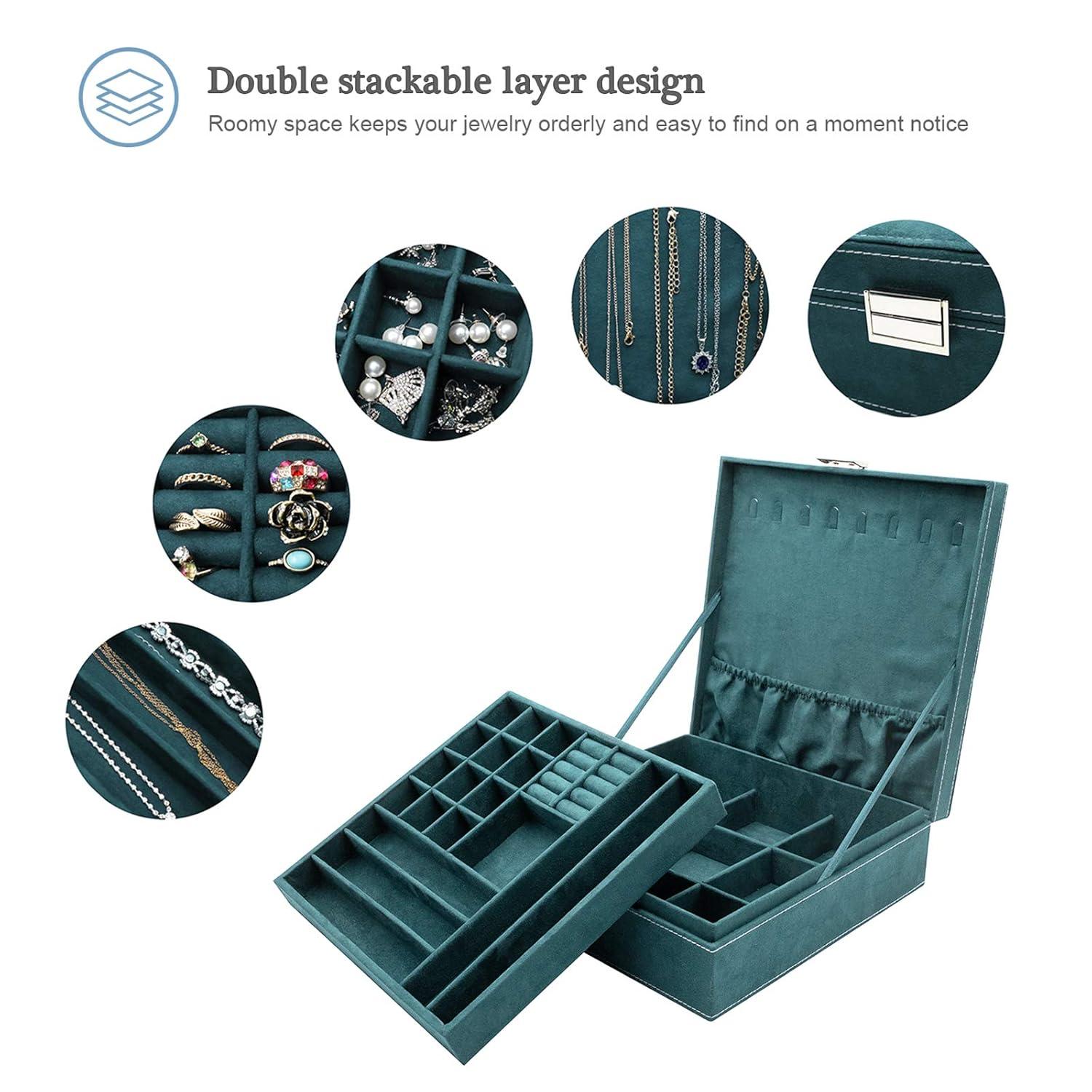 ProCase Jewelry Box Organizer for Women Girls, Two Layer Jewelry Display Storage Holder Case for Necklace Earrings Bracelets Rings Watches -Green