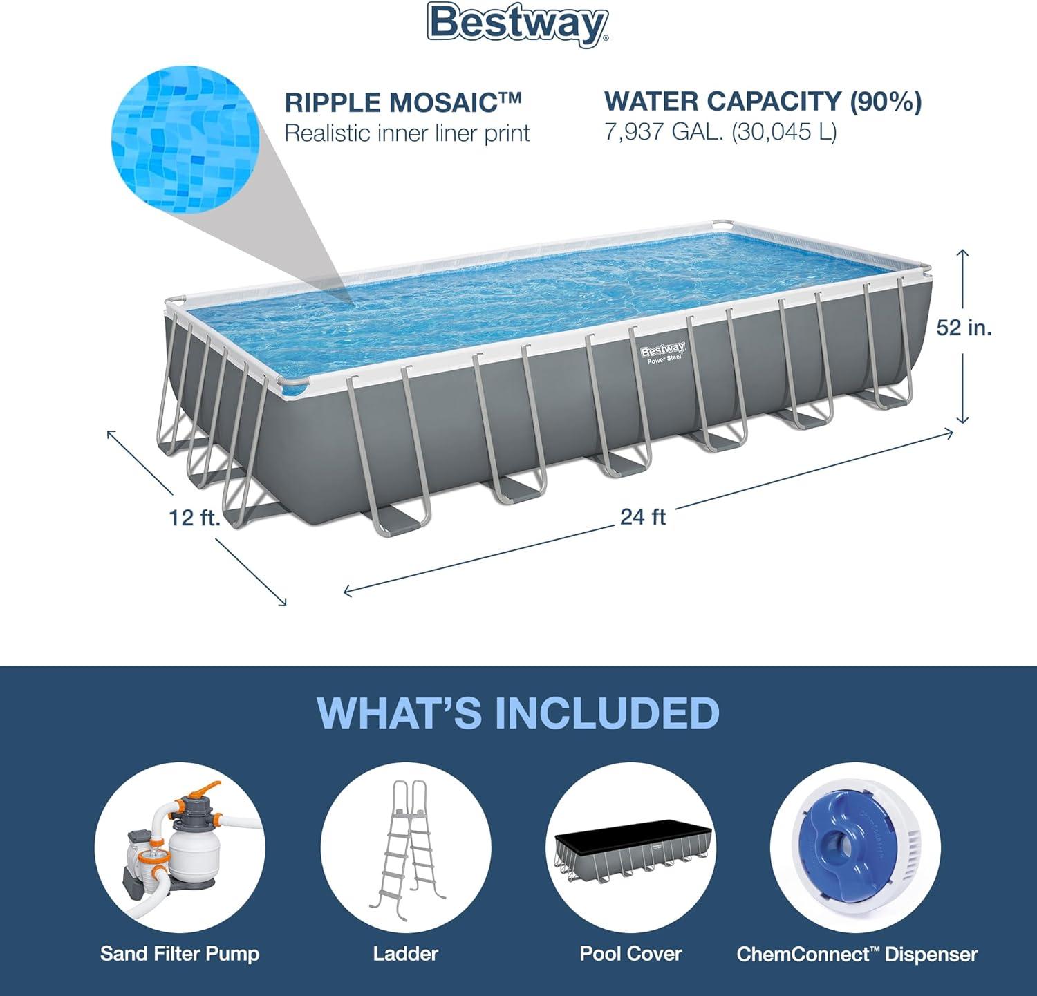 Bestway 24-ft x 12-ft x 52-in Metal frame Rectangle Above-Ground Pool with Filter Pump with Pool Cover with Ladder