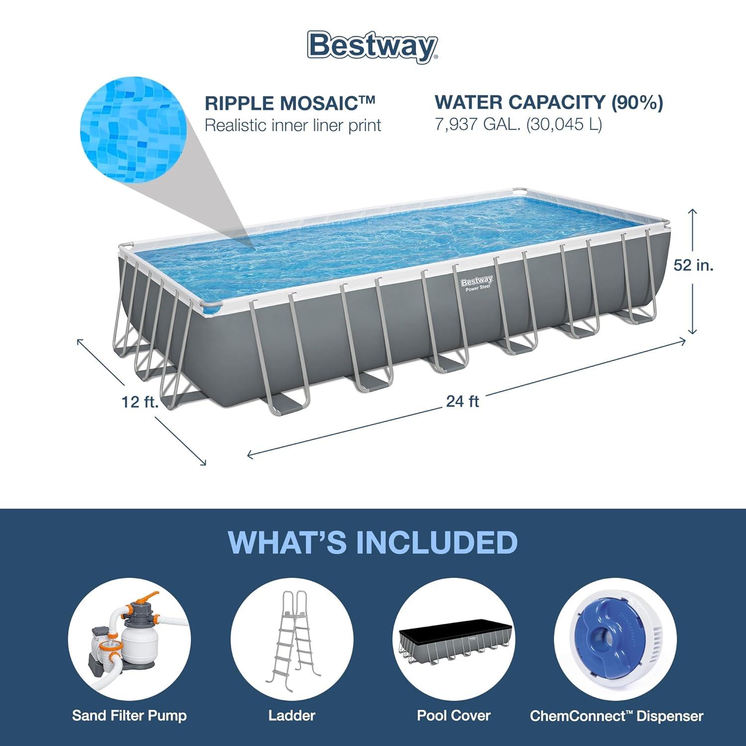 Bestway 24-ft x 12-ft x 52-in Metal frame Rectangle Above-Ground Pool with Filter Pump with Pool Cover with Ladder