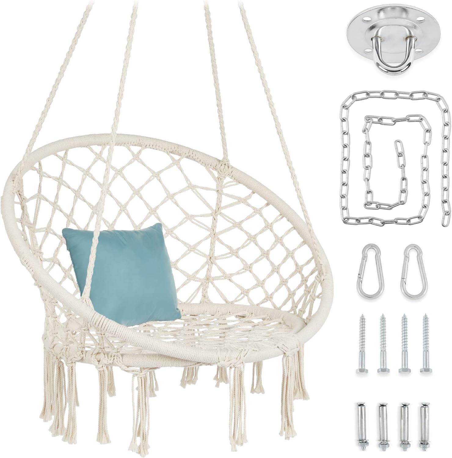 Beige Handwoven Cotton Macrame Hanging Chair with Tassels