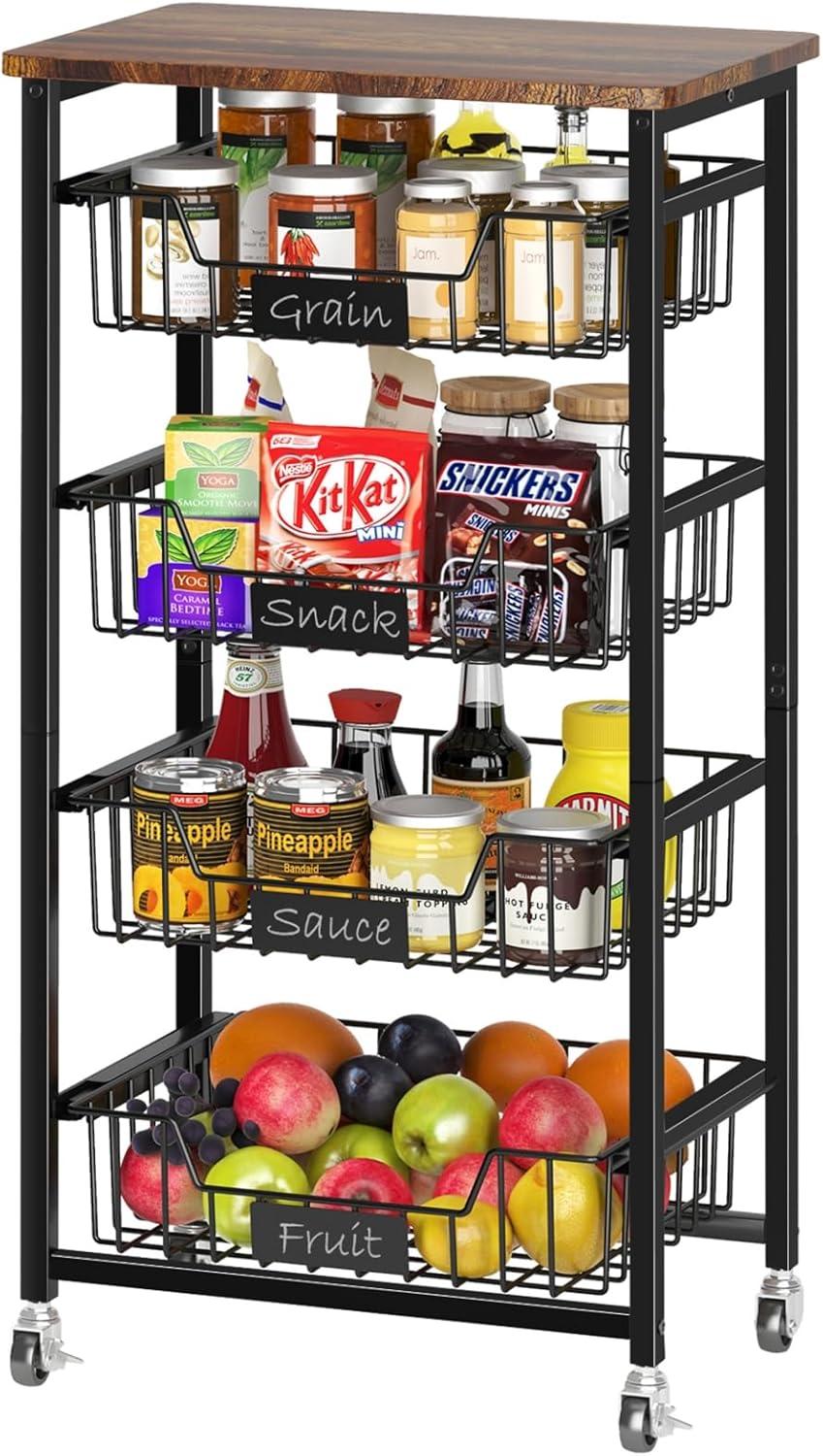 Fruit Basket for Kitchen, 5 Tier Large Wire Basket with Wood Top and Wheels, Kitchen Storage Cart for Fruit Vegetable Onions Potatoes Banana, Black