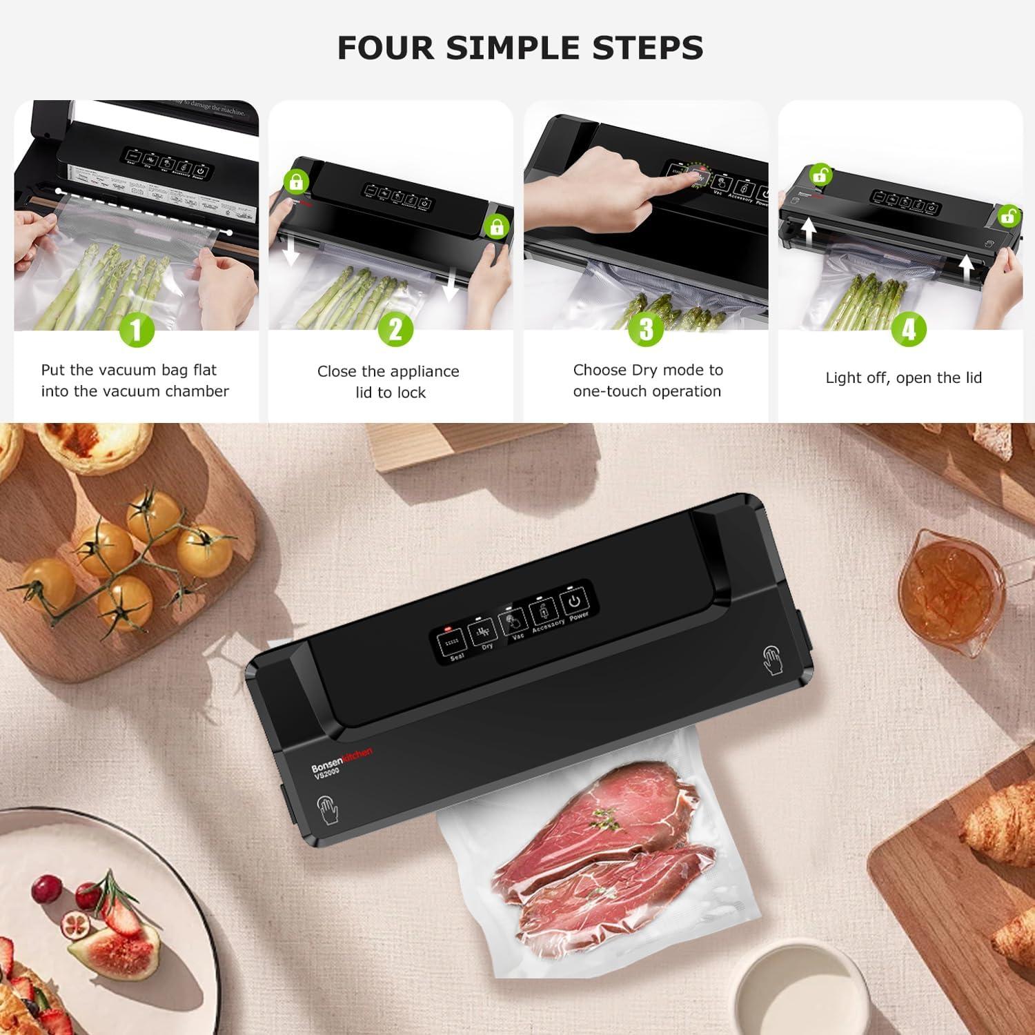 Bonsenkitchen Multi-Functional Food Vacuum Sealer with Globefish Technology for High-Speed Continuous Working, Vacuum Bags & Accessory Hose, Black