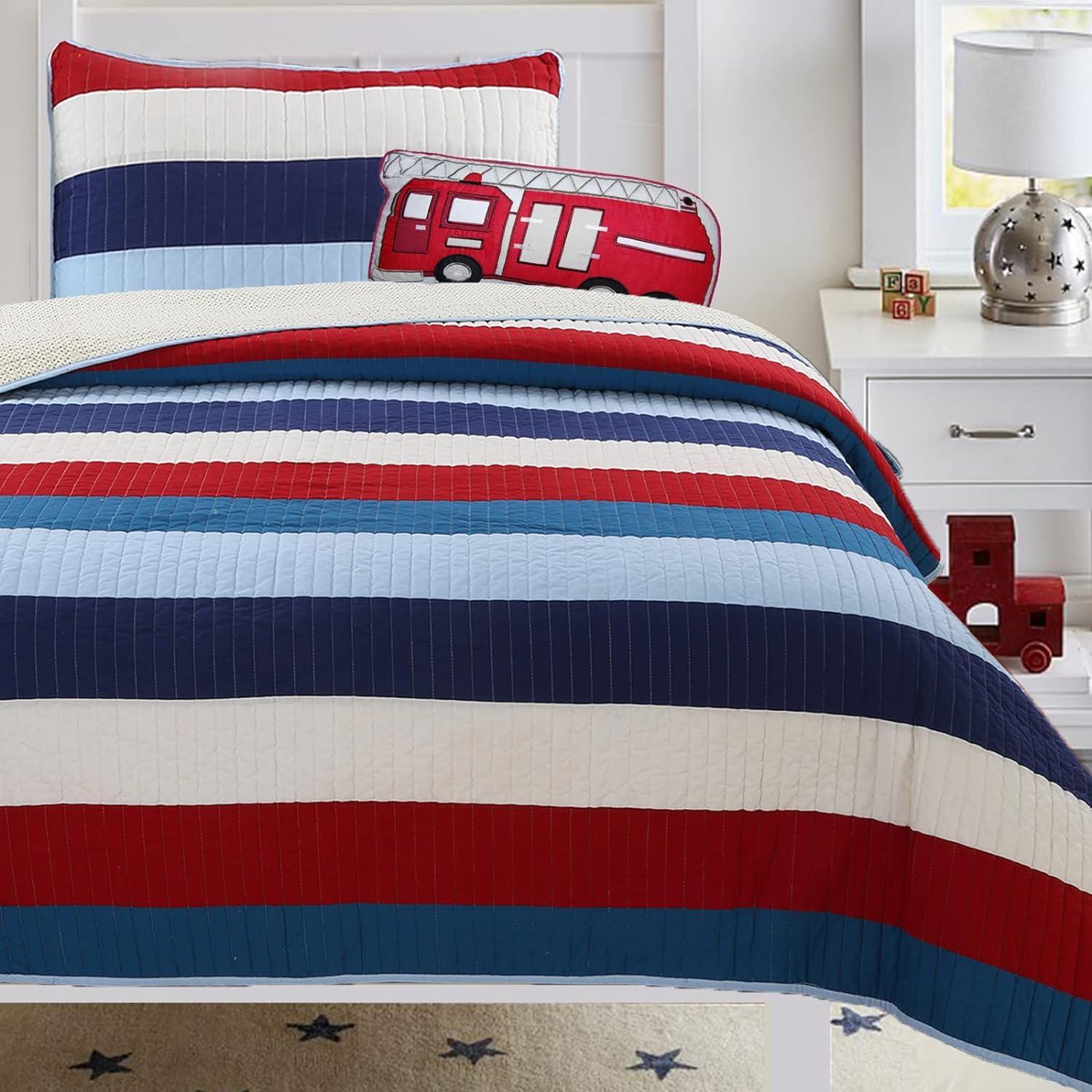 Cozy Line Home Fashions Cozy Line Ressler Stripe Reversible Cotton Quilt Bedding Set - Blue/Ivory/Red Twin 2 Piece