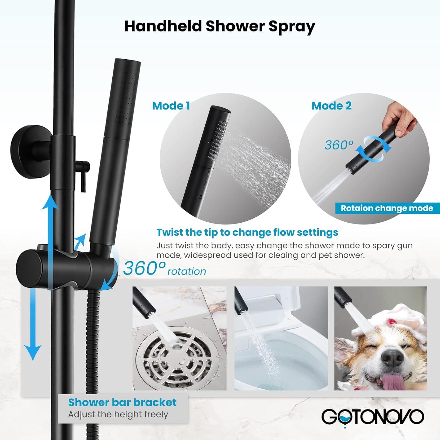 gotonovo Matte Black Outdoor Shower Fixture Rainfall Single Handle Shower System Set High Pressure Wall Mount 2 Dual Function 8 Inch Shower Head and Handheld Spray SUS304 Shower Faucet Combo