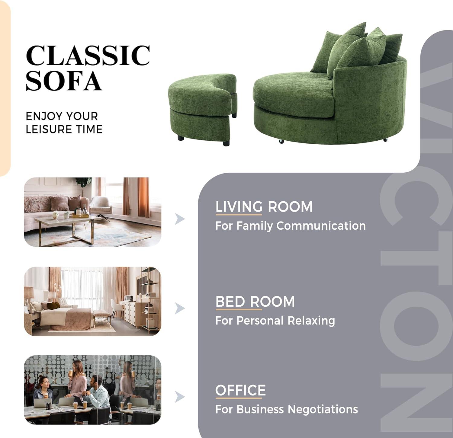 DEINPPA Swivel Round Barrel Chair with Storage Ottoman and 4 Movable Pillow Backrest, 360° Round Rotating Sofa Chair for Living Room, Hotel, Bedroom, Office, Lounge (Green + Chenille+ Foam)