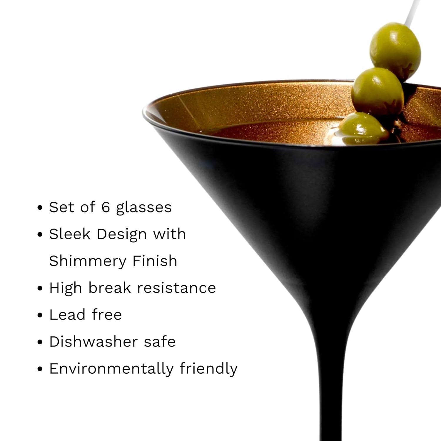 Set of 6 Olympia Martini Drinkware 8oz Glasses Black/Bronze - Stolzle Lausitz: Lead-Free Crystal, Dishwasher-Safe Glassware