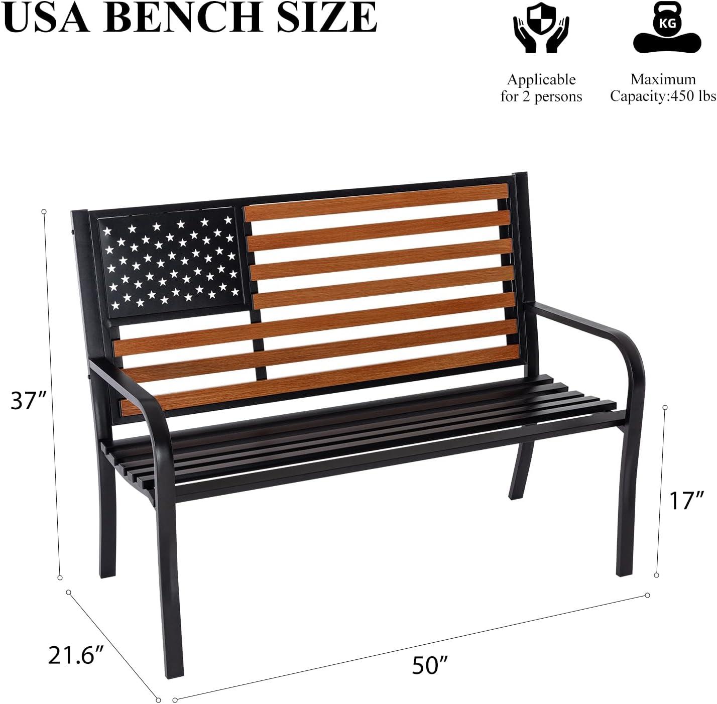 50" Outdoor Garden Bench, Cast Iron Metal Frame Patio and Porch Welcome Benches with Classic Americana Style Backrest and Weatherproof Seat, Park Decorative Memorial Bench (Black & Woodgrain Colors)