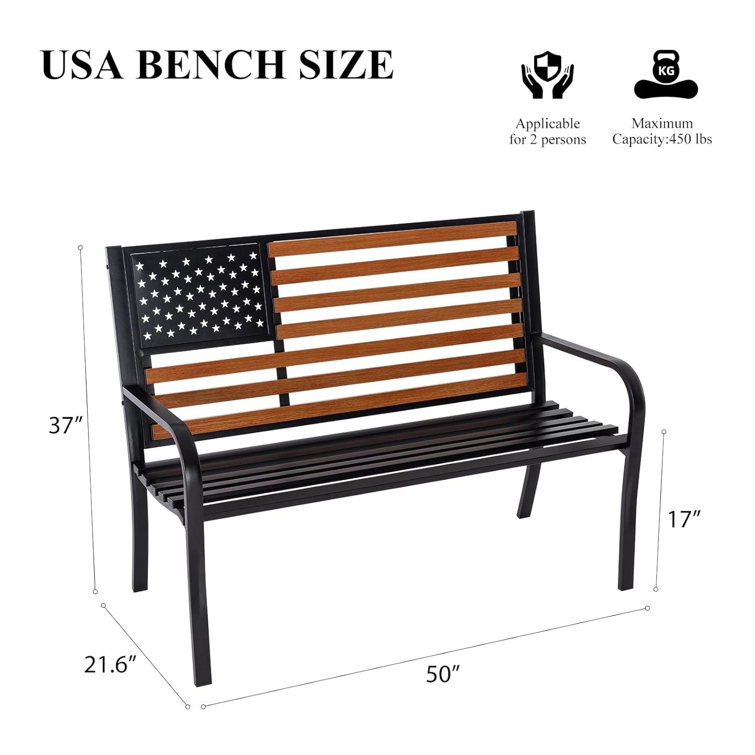 50" Outdoor Garden Bench, Cast Iron Metal Frame Patio and Porch Welcome Benches with Classic Americana Style Backrest and Weatherproof Seat, Park Decorative Memorial Bench (Black & Woodgrain Colors)