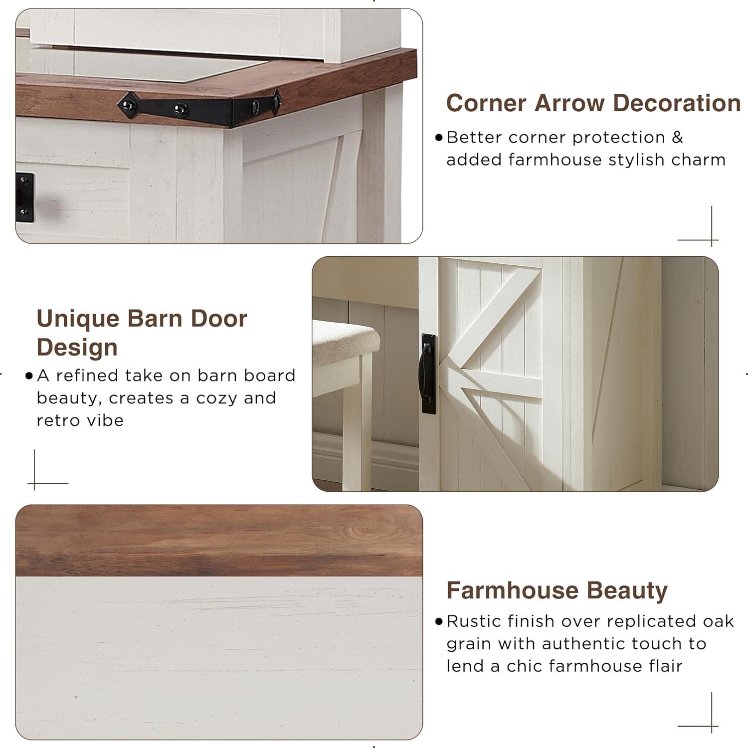 OKD Farmhouse Rustic Makeup Vanity Desk with Sliding Mirror and Lights, Glass Top Vanity Set with Charging Station, 4 Drawers & 1 Cabinet, Includes Stool - Big Vanity for Bedroom, Light Rustic Oak