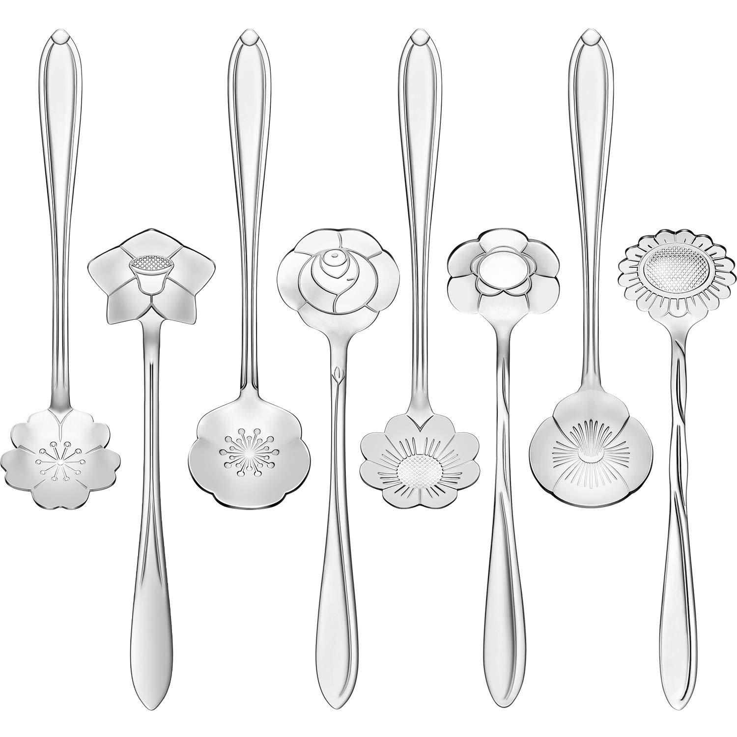 Chengu 8 Pieces Flower Coffee Tea Spoons Stainless Steel Sugar Spoons Tea Party Flower Fancy Tableware Set Stir Bar Creative Stirring Teaspoon, 8 Different Patterns(Silver)