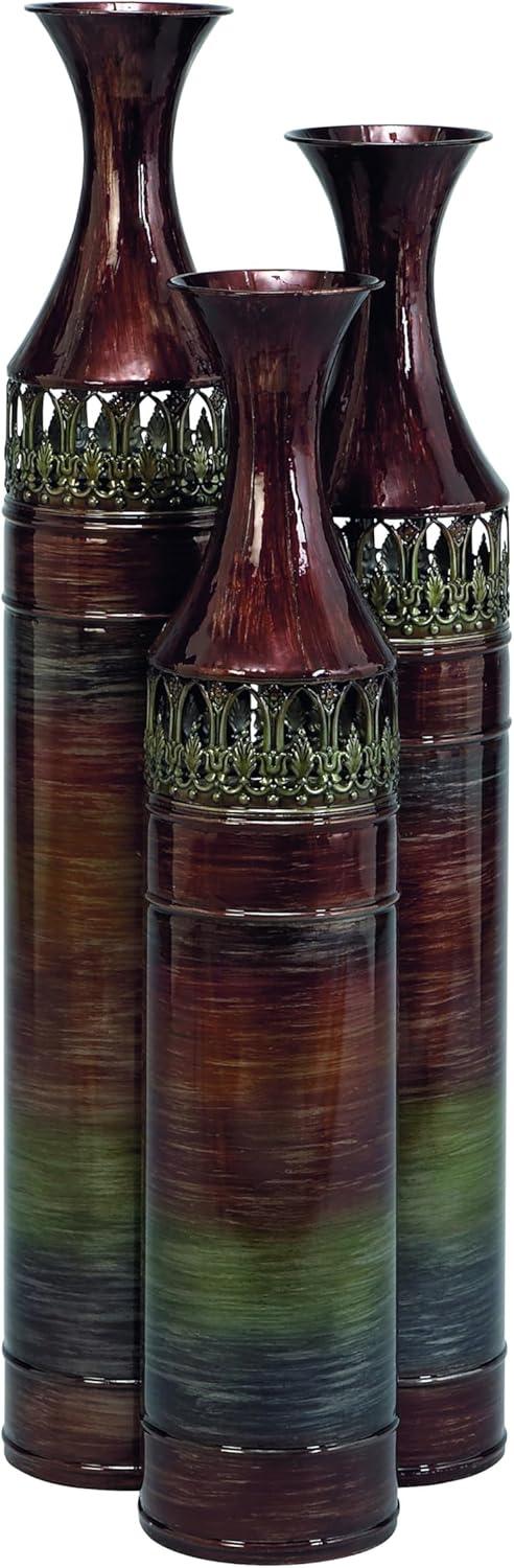 DecMode 34", 31", 28"H Tall Ombre Bronze Metal Vase with Laser Cut Antefix Design, Set of 3