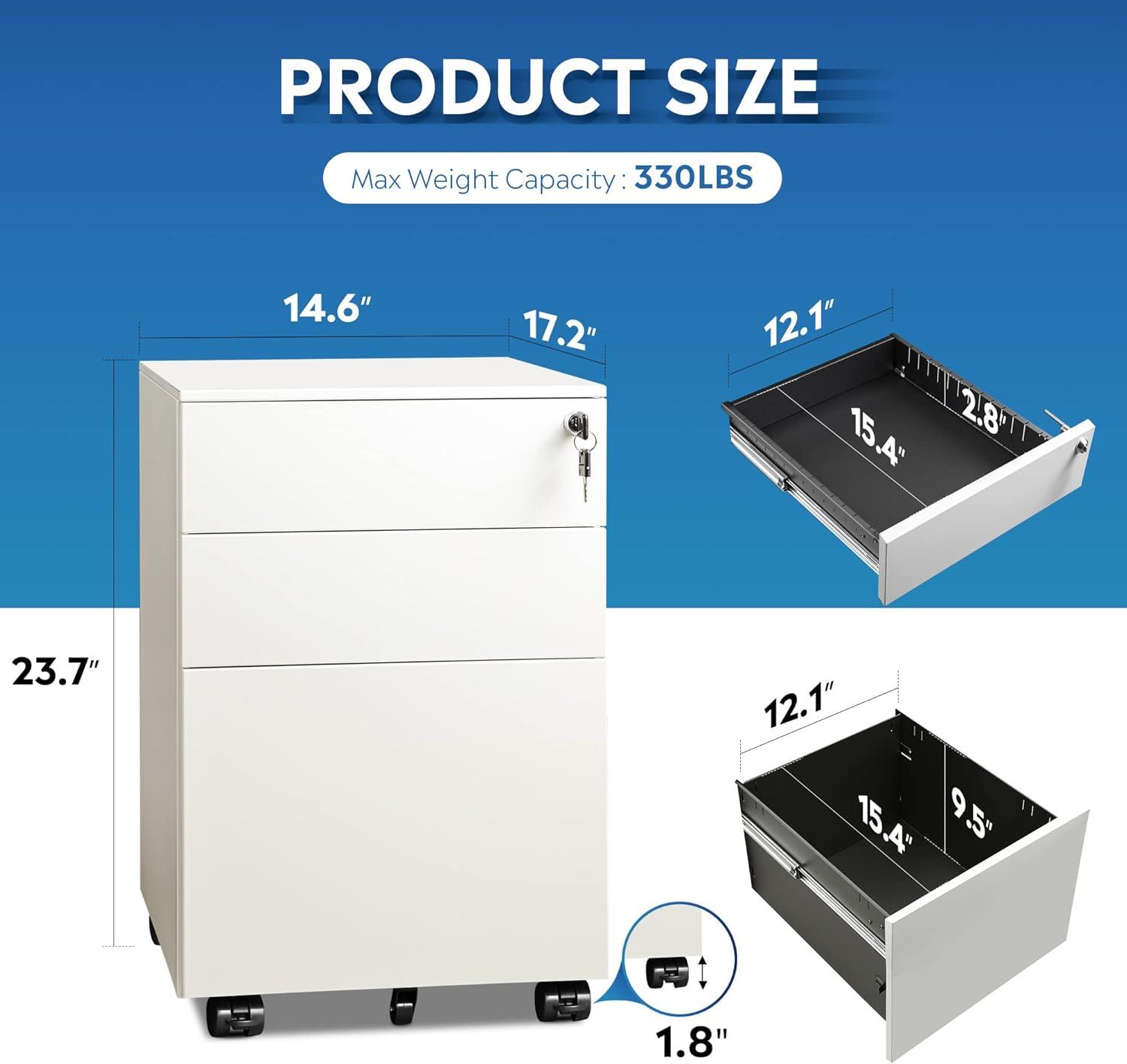 Locking File Cabinet, 3 Drawer Rolling Pedestal Under Desk Office, Fully Assembled Except Casters, White