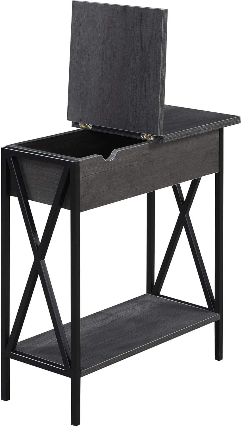 Convenience Concepts Tucson Flip Top End Table with Charging Station and Shelf, Charcoal Gray/Black