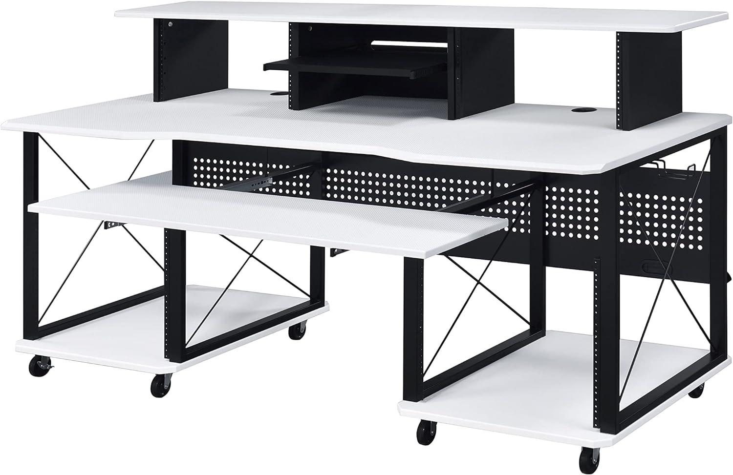 72" Megara Desks White and Black Finish - Acme Furniture: Metal Frame, Wood Surface, Open Storage Shelf