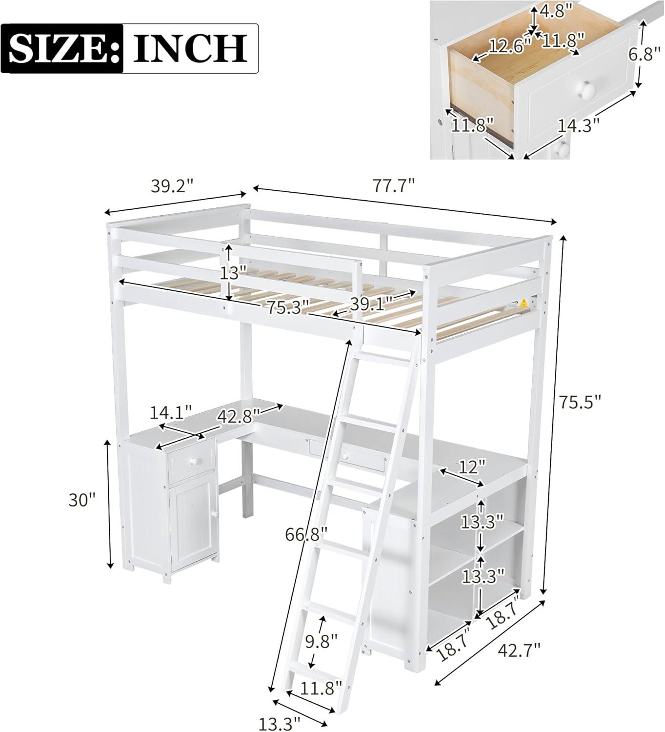 Bellemave Twin Size Loft Bed with U-shaped Desk,Wood Loft Bed Frame for Kids Teens with Drawers and Storage Shelves,No Box Spring Needed(White)