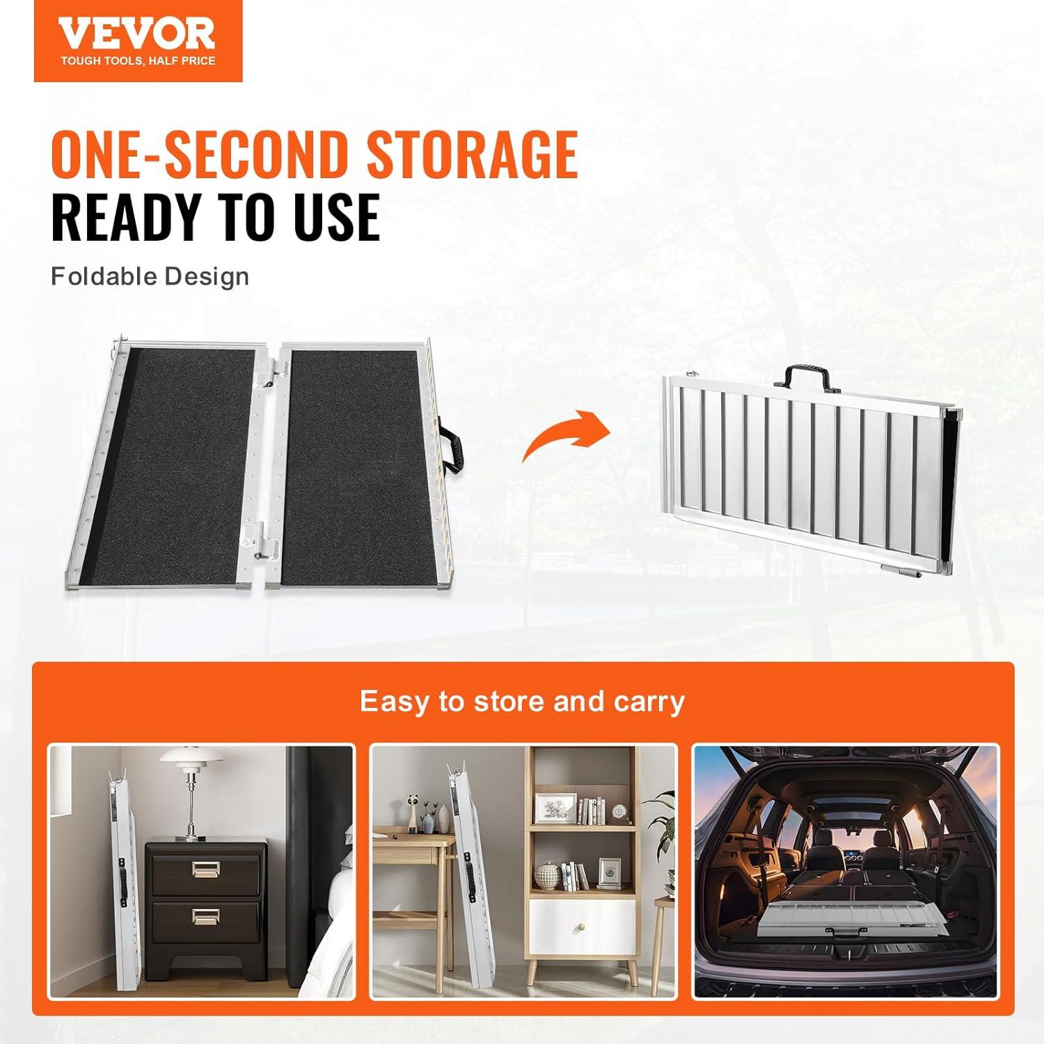 VEVOR Portable Wheelchair Ramp - 3 ft, 800 lbs Capacity, Non-Slip Aluminum, Folding Threshold Ramp for Mobility Scooters, Suitable for Home Steps, Stairs, Doorways, Curbs
