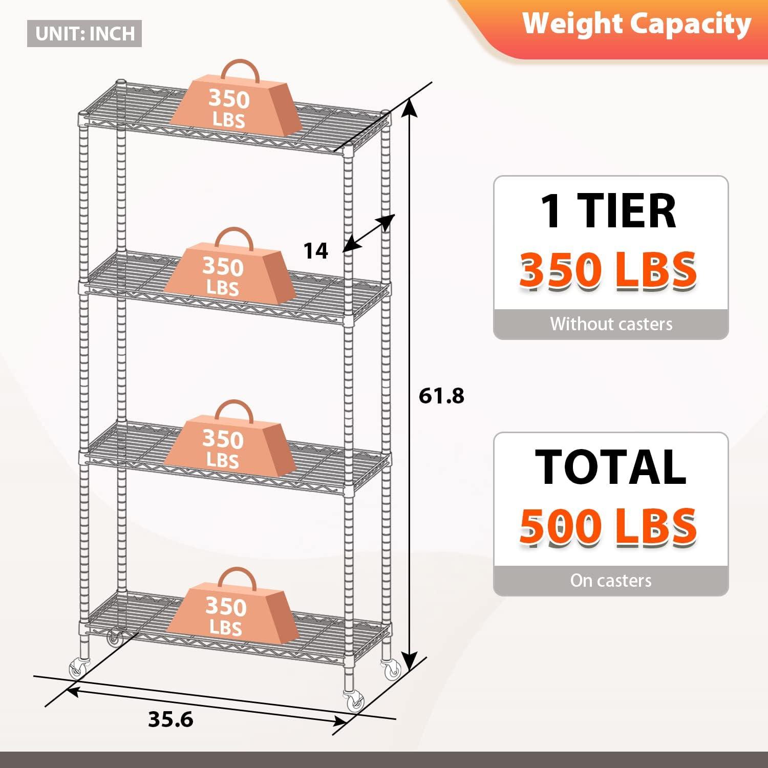 Killeryuki Chrome Storage Shelves, 4-Tier Wire Shelving with Wheels Adjustable Storage Shelves 500lbs Capacity Metal Shelf 36L x 14W x 62H for Office Garage Kitchen Basement Bedroom
