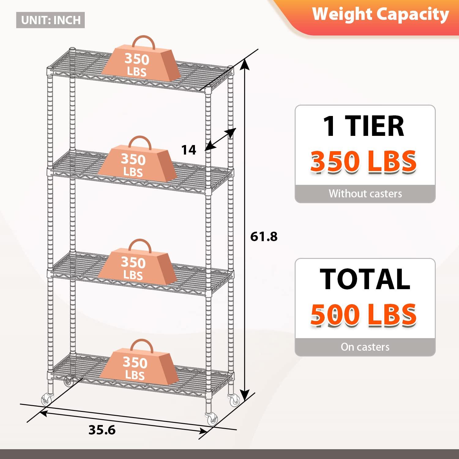 Killeryuki Chrome Storage Shelves, 4-Tier Wire Shelving with Wheels Adjustable Storage Shelves 500lbs Capacity Metal Shelf 36L x 14W x 62H for Office Garage Kitchen Basement Bedroom
