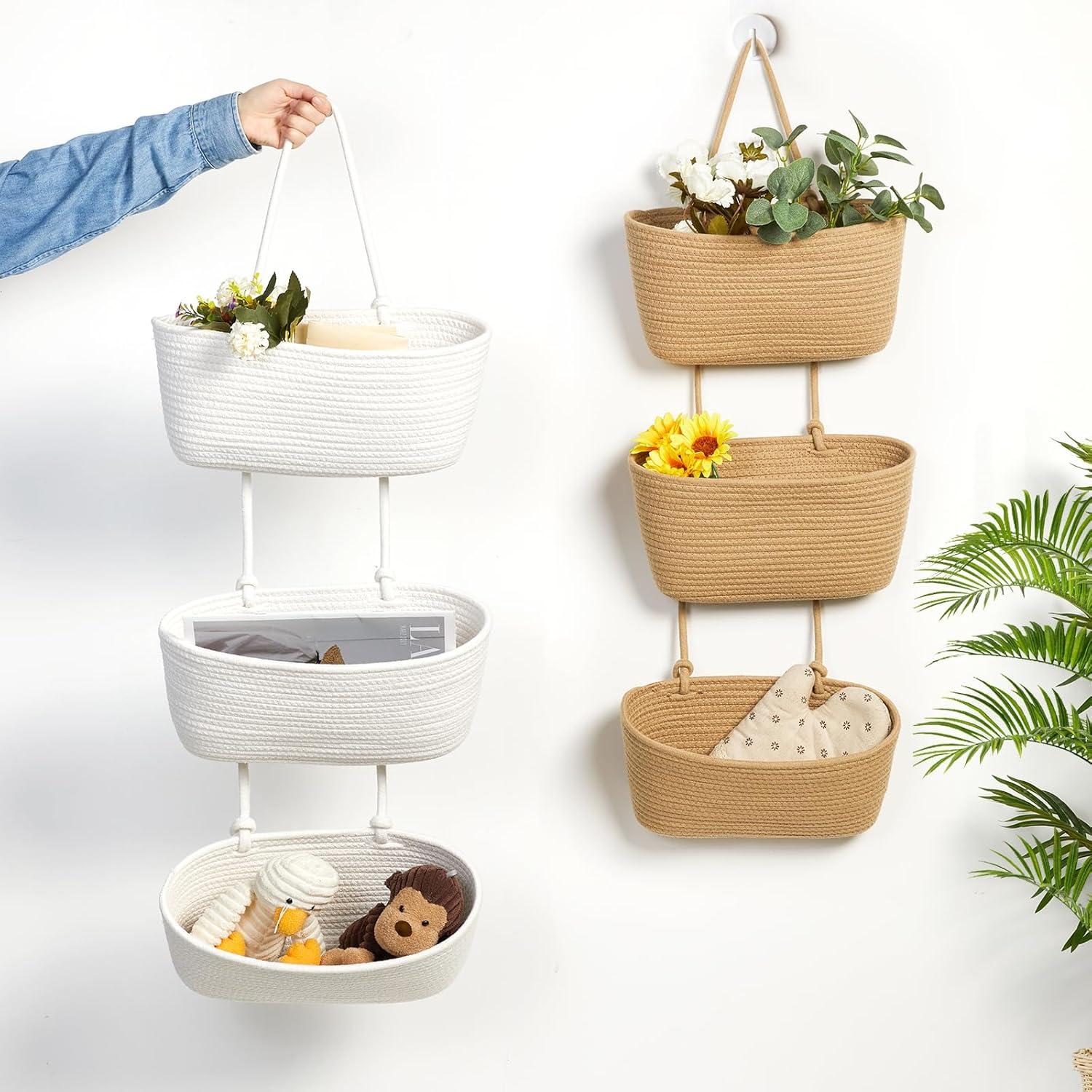 TeoKJ Over the Door Hanging Baskets with Button Strap, 3-Tier Woven Cotton Storage Organizer Bag, Wall-Mounted with Hook Decorative Hanging Kitchen Baskets - White