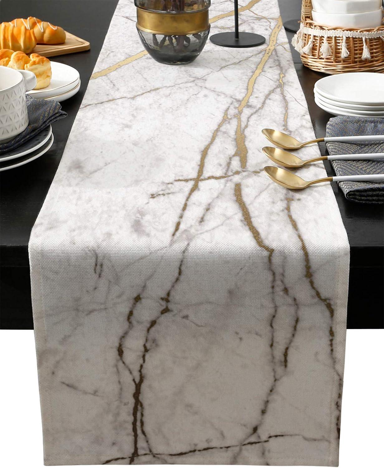 Marble Table Runner-Cotton linen-Long 108 inche White Gray Gold Dresser Scarves,Texture Tablerunner for Kitchen Coffee/Dining/Sofa/End Table Bedroom Home Living Room,Scarf Decor for Holiday Dinner
