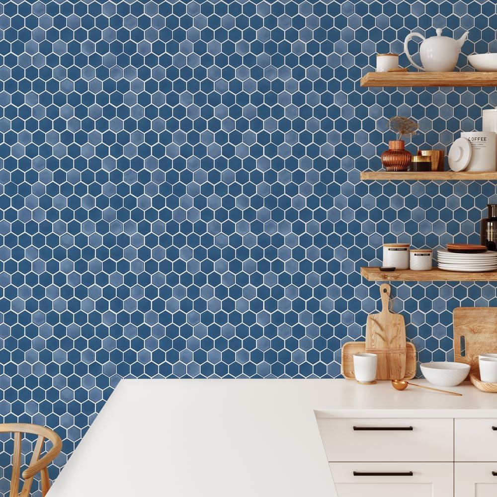 Tempaper & Co.® Hexagon Tile Removable Peel and Stick Wallpaper, Shades of Sapphire, 28 sq. ft.: Vinyl, Self-Adhesive, Geometric Design