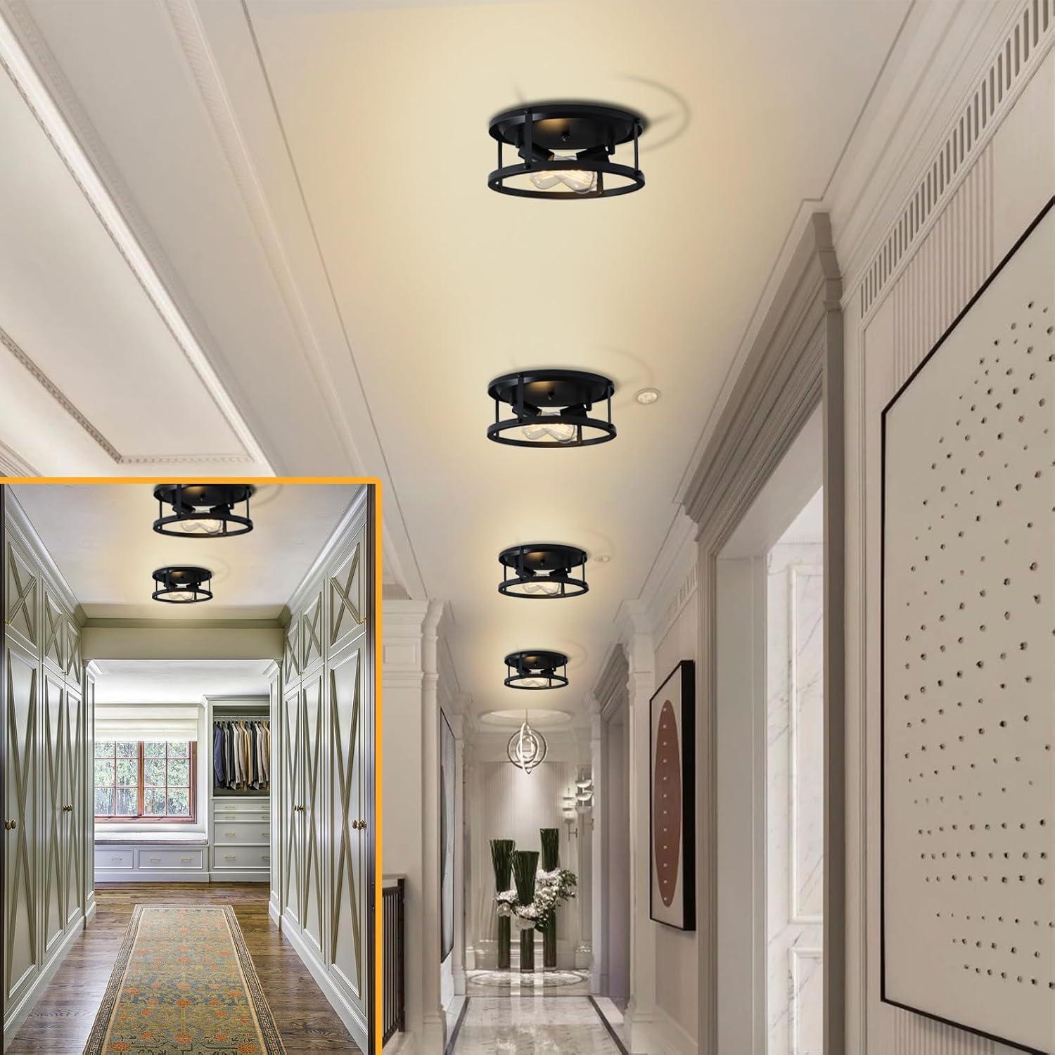 2 Pack Black Farmhouse Flush Mount Ceiling Light,2-Light Rustic Hallway Lighting Fixtures,Industrial Light Fixtures Ceiling Mount for Kitchen Hall Entry Bedroom Closet