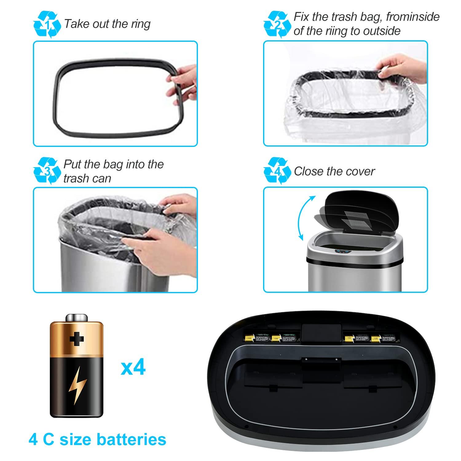 FDW Kitchen Trash Can with Lid, 13 Gallon Automatic Garbage Can for Bathroom Bedroom Home Office 50 Liter Touch Free Stainless Steel Waste Bin,Black