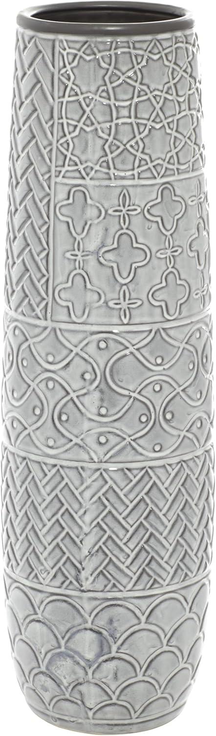 DecMode Gray Eclectic Ceramic Decorative Vase with Chevron, Scribbles, Curved Scales and Scrolling Vines Pattern, 7"W x 22"H