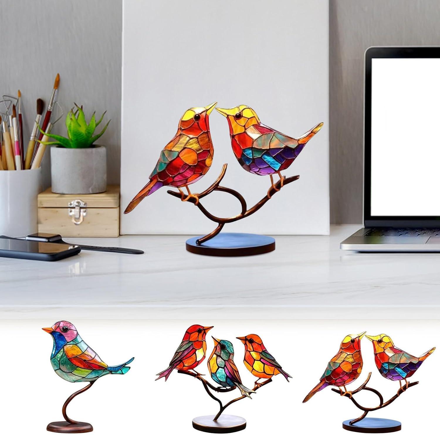 Stained Glass Birds on Branch Desktop Ornaments,Handmade Stained Glass Bird Suncatche,Double Sided Multicolor Style Birds Colors Alloy Ornaments,Suitable Home Patio and Bird Lover