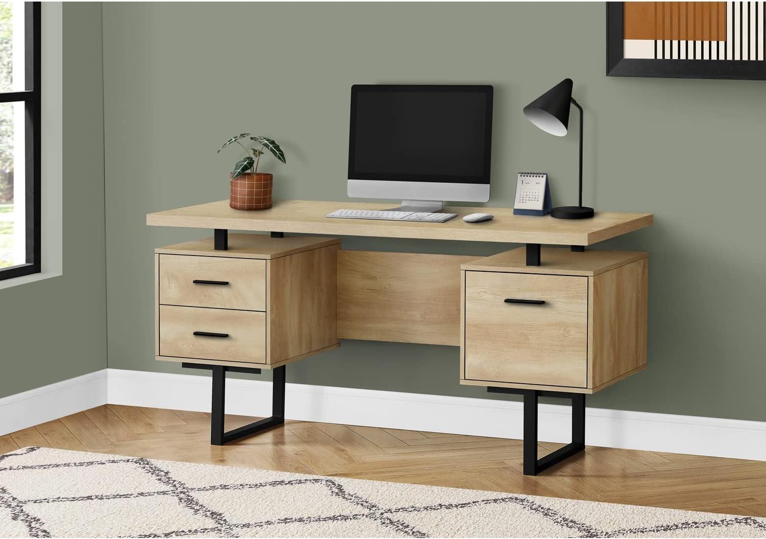 Contemporary Natural Beige Home Office Desk with Black Metal Legs