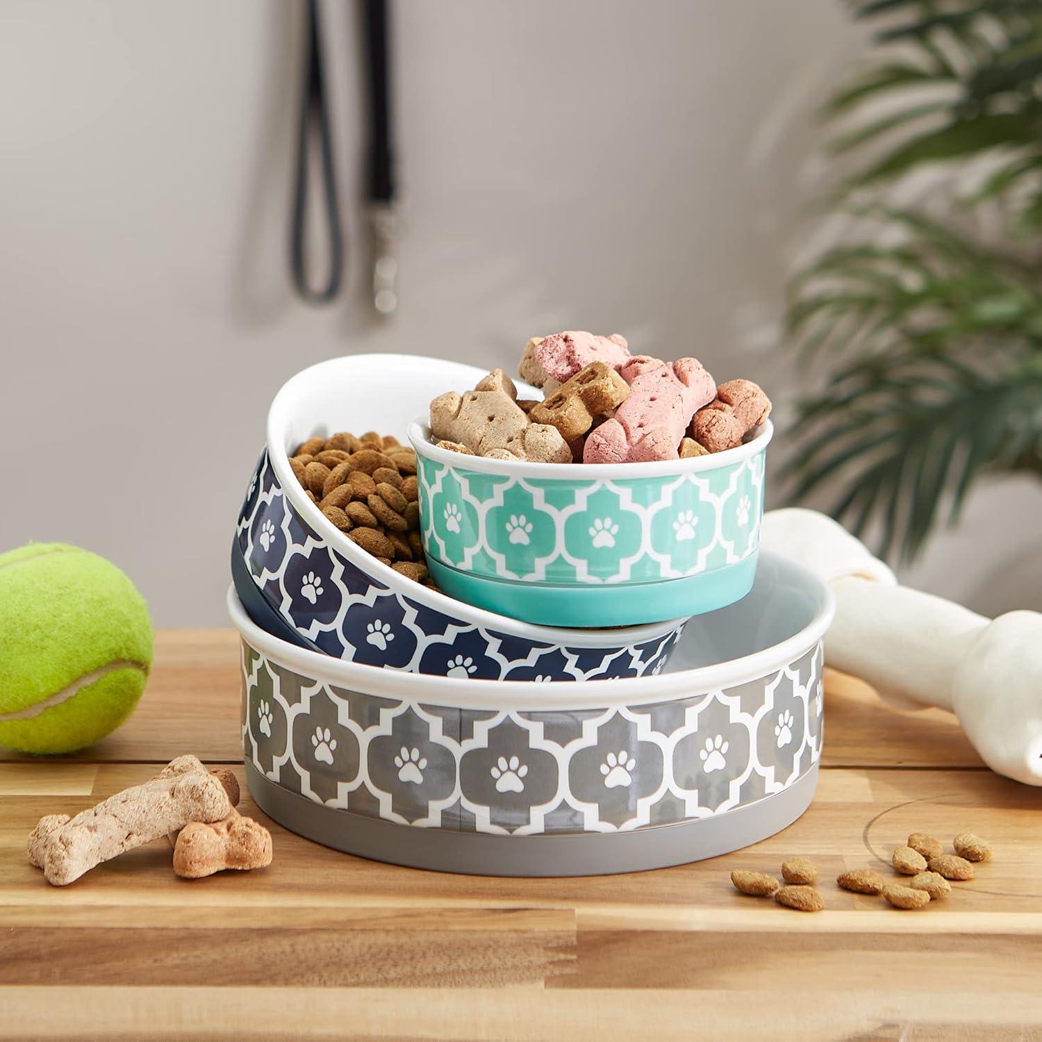 Aqua Ceramic Non-Skid Pet Bowl with Paw Print Design