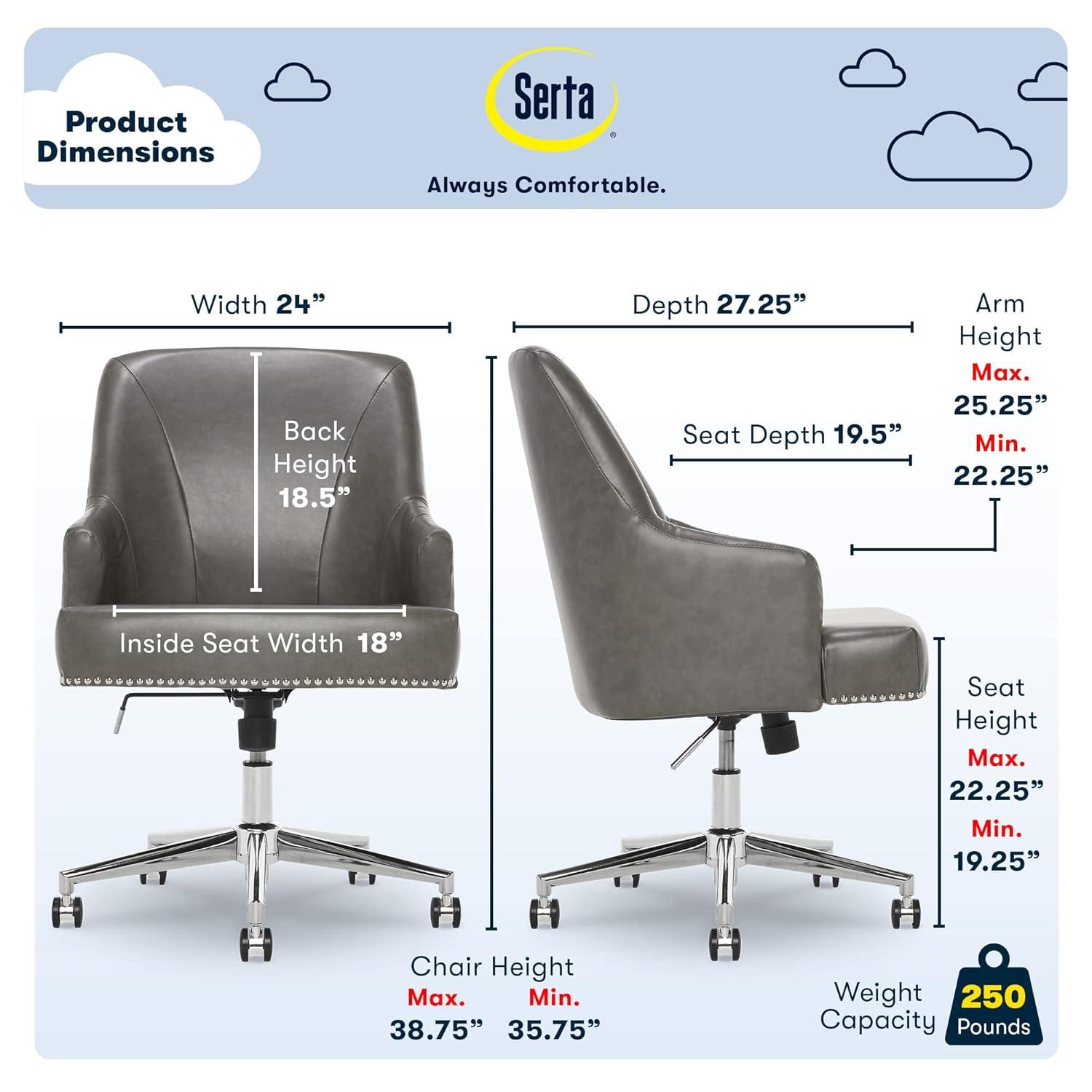 Serta Style Leighton Home Office Chair Gathering Dark Gray: Upholstered, Adjustable, with Fixed Arms