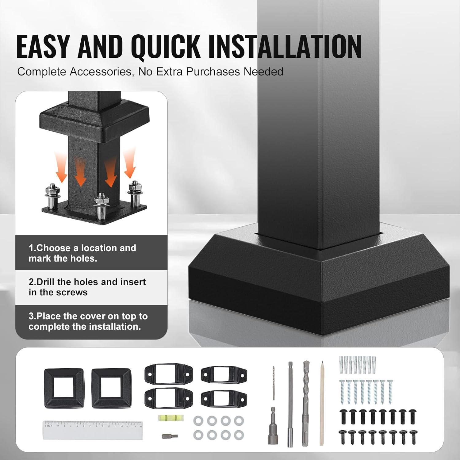 VEVOR Handrails for Outdoor Steps, 2 PCS 2-3 Step Stair Hand Rail Kit, Transitional Carbon Steel Railings with Installation Kit, Stair Rails for Seniors, Concrete & Porch & Deck, Black Square Tube