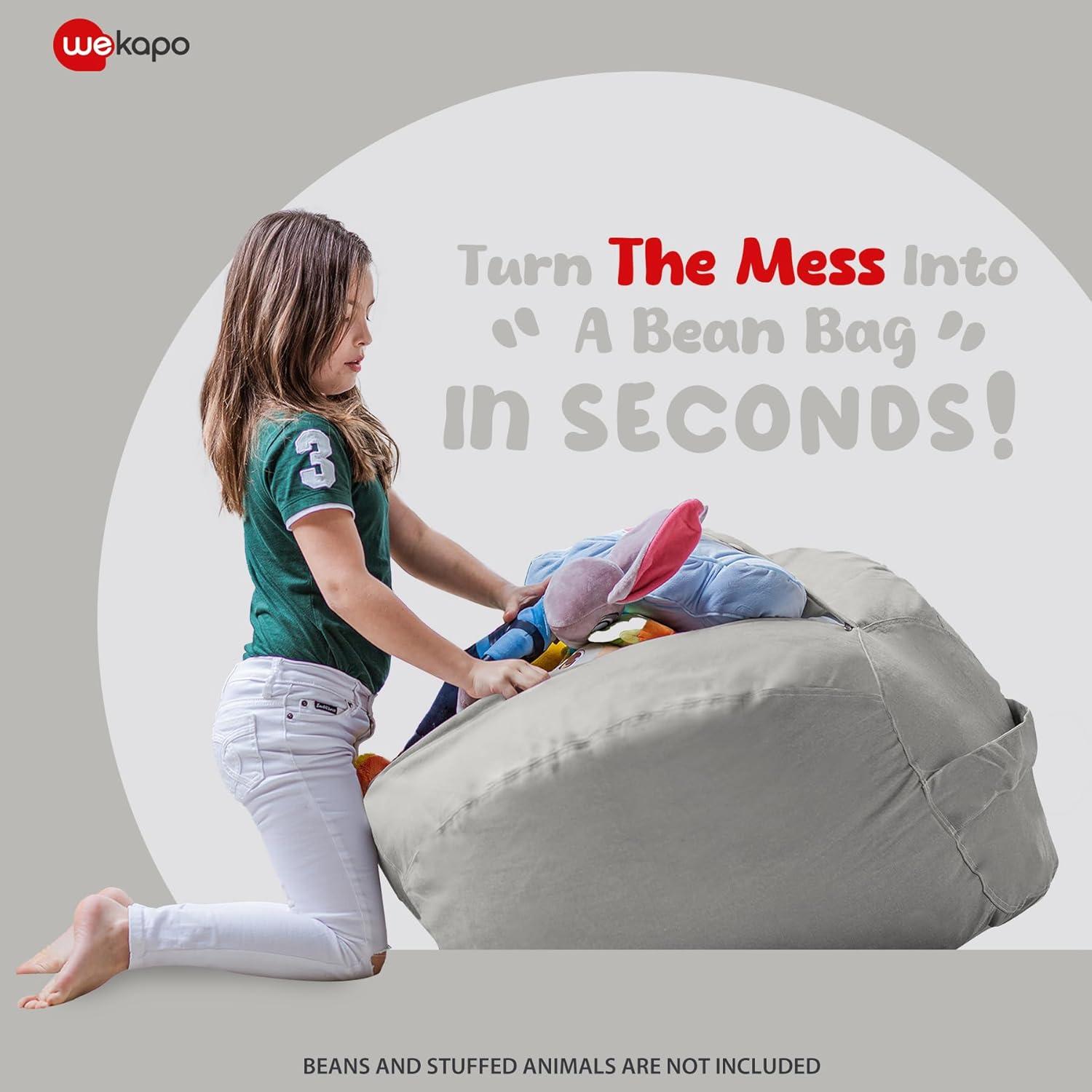 Wekapo Stuffed Animal Storage Bean Bag Chair Cover for Kids | Stuffable Zipper Beanbag for Organizing Children Plush Toys Large Premium Cotton Canvas (Solid Grey, X-Large)
