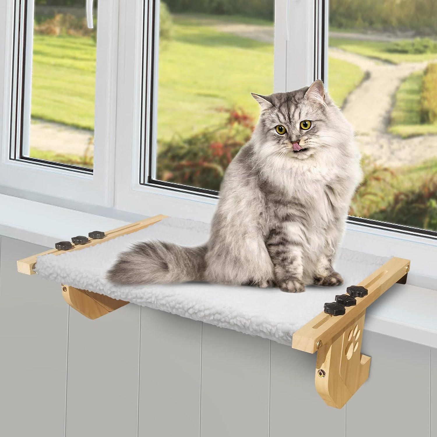 Window Perch Sturdy Cat Hammock With Wood and Metal Frame - No Drilling Required - Multiple Uses - Bed for Windowsill, Floor, Bedside or Cabinet - Suitable for Large Cats (L-White Plush)