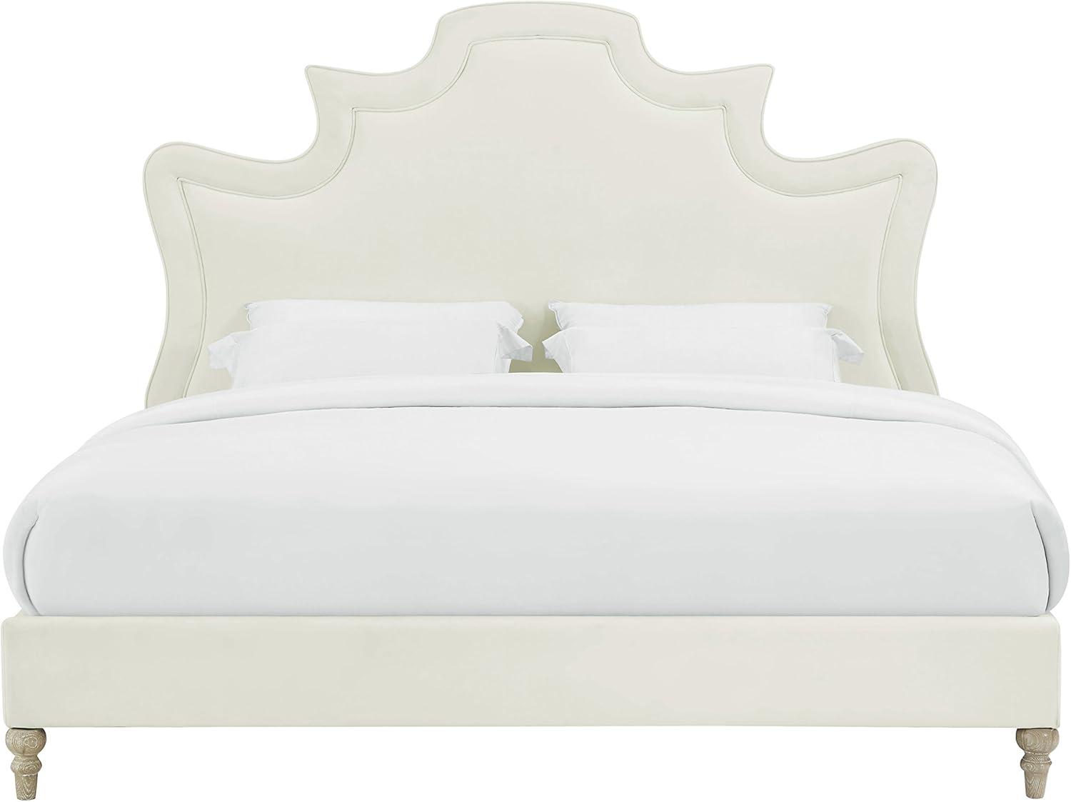 Cream Velvet Upholstered King Bed with Sculpted Headboard