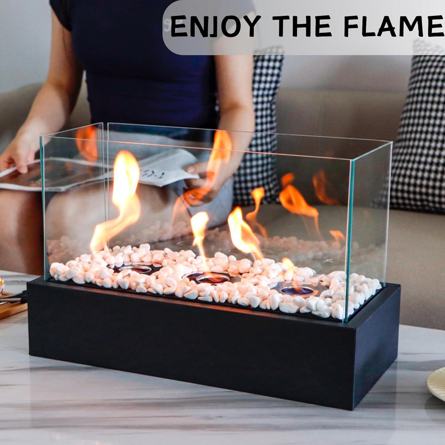 Black Stainless Steel and Glass Tabletop Fire Pit