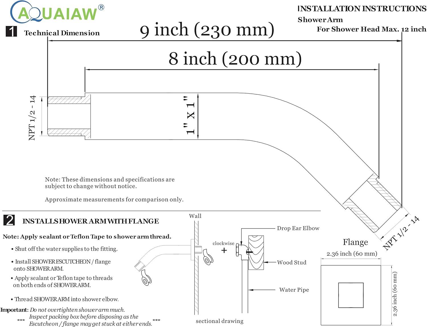 Aquaiaw Square Shower Arm and Anti-Scratch O-Ring Flange, 8 inch, Heavy-Duty Solid Brass, Both Soldered 1/2-14 NPT Tapered Threads, Wall Mount Shower Head Extension Arm (Polished Chrome)